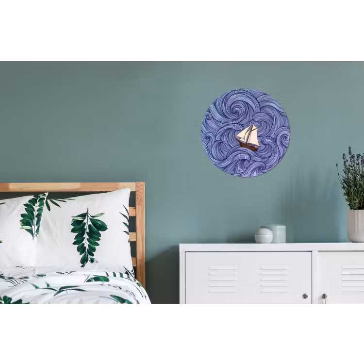 Schip - Golven - Zee - Illustratie - Blauw Wandcirkel aluminium klein -slaapkamer