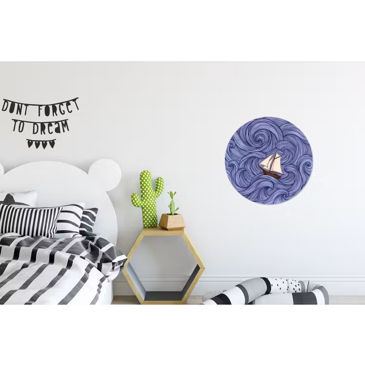 Schip - Golven - Zee - Illustratie - Blauw Wandcirkel aluminium klein -kinderkamer