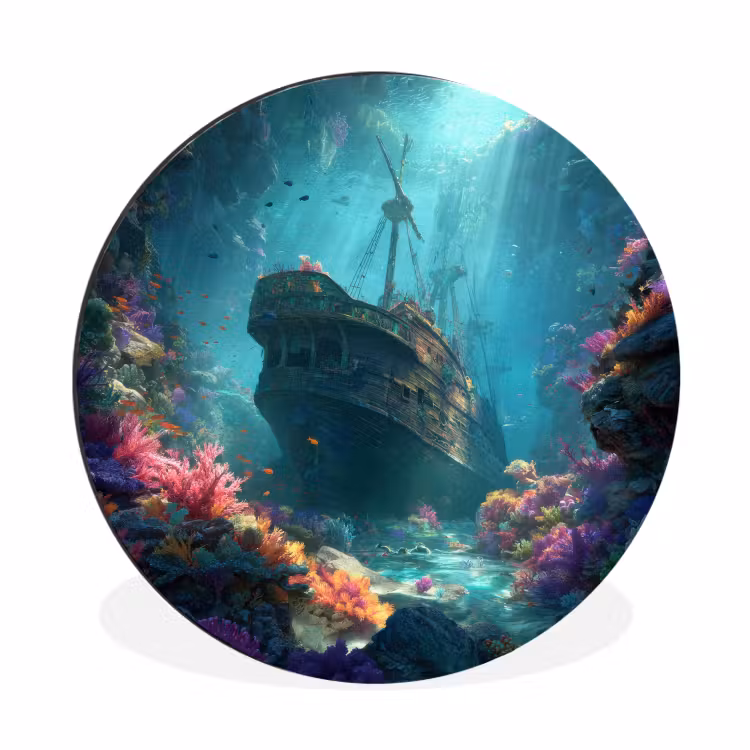 Schip - Hout - Koraalriffen - Zonlicht Wandcirkel aluminium klein -3d