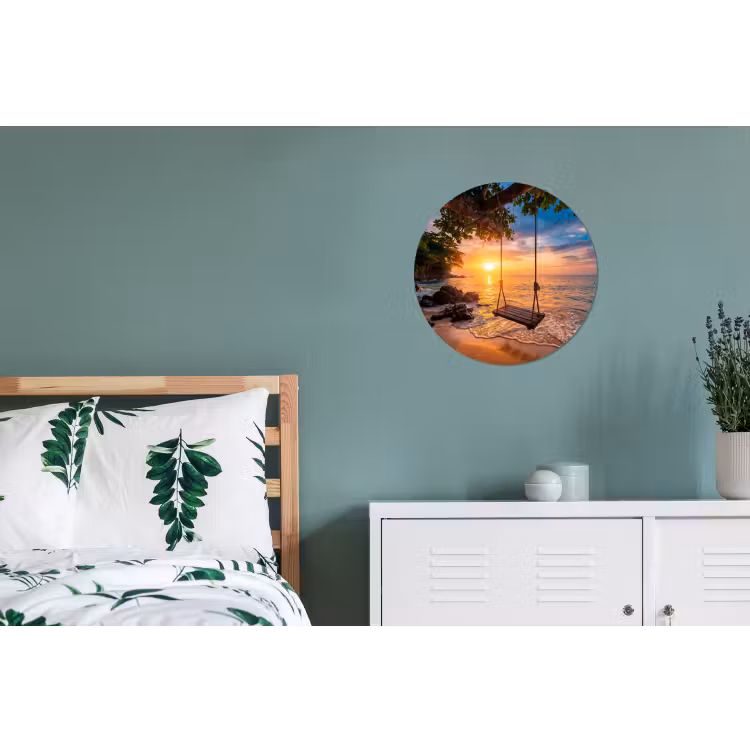 Schommel - Strand - Zonsondergang - Natuur - Oranje Wandcirkel aluminium klein -slaapkamer