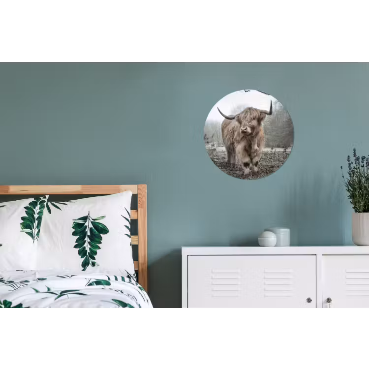 Schotse Hooglander - Bos - Mist - Koe - Dieren - Natuur Wandcirkel aluminium klein -slaapkamer
