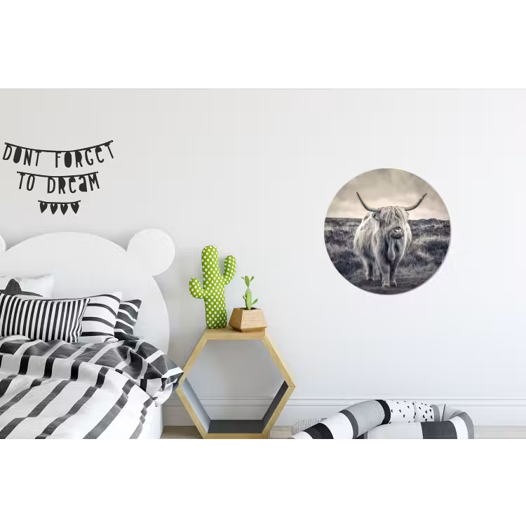 Schotse hooglander - Dieren - Wolken - Koe - Natuur Wandcirkel aluminium klein -kinderkamer
