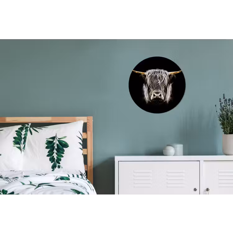 Schotse hooglander - Goud - Hoorns - Zwart wit - Koe - Dieren Wandcirkel aluminium klein -slaapkamer