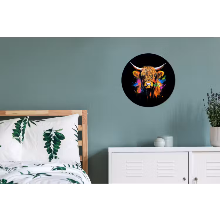 Schotse Hooglander - Graffiti - Kleurrijk - Bloem - Dieren Wandcirkel aluminium klein -slaapkamer