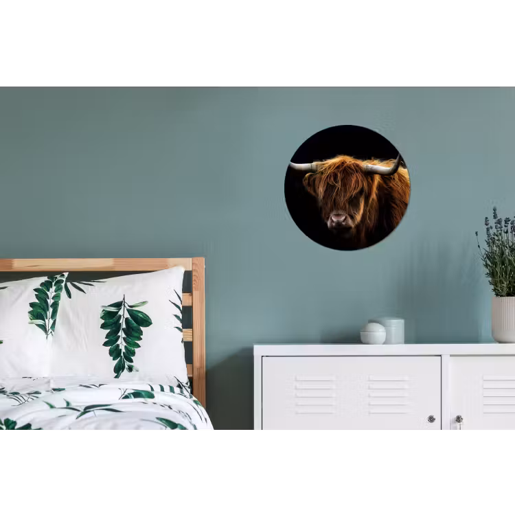 Schotse Hooglander - Horens - Zwart - Dieren - Natuur - Wild - Koe Wandcirkel aluminium klein -slaapkamer