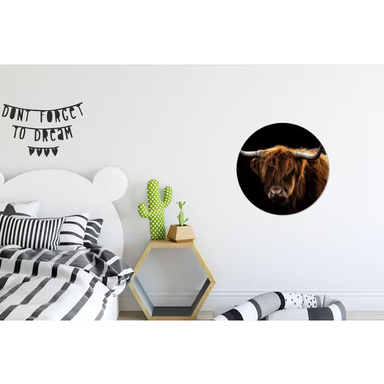 Schotse Hooglander - Horens - Zwart - Dieren - Natuur - Wild - Koe Wandcirkel aluminium klein -kinderkamer