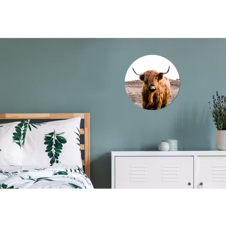 Schotse hooglander - Landschap - Koe - Bruin - Dieren - Natuur Wandcirkel aluminium klein -slaapkamer