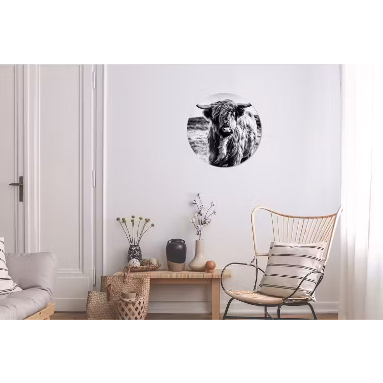 Schotse hooglander - Natuur - Koe - Zwart - Wit Wandcirkel aluminium klein -woonkamer