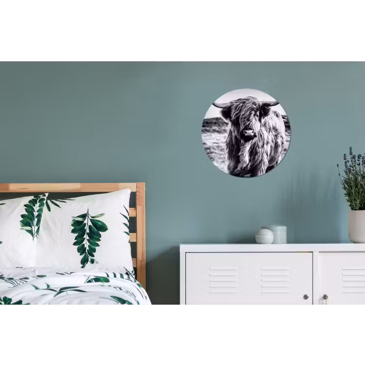 Schotse hooglander - Natuur - Koe - Zwart - Wit Wandcirkel aluminium klein -slaapkamer
