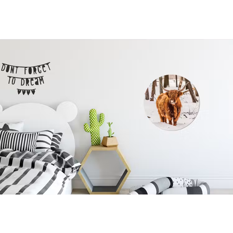 Schotse Hooglander - Sneeuw - Winter - Natuur - Dieren Wandcirkel aluminium klein -kinderkamer