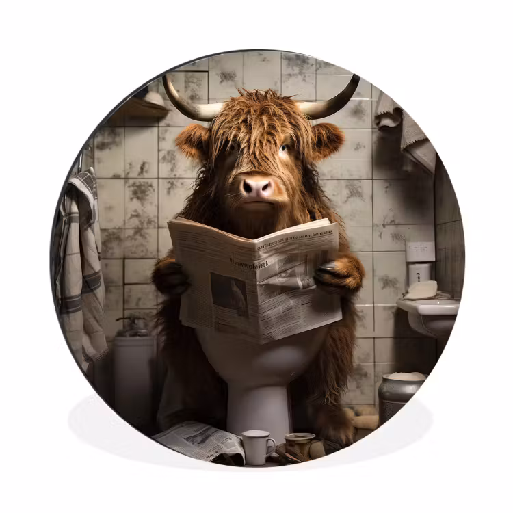 Schotse hooglander - Toilet - Krant - Badkamer Wandcirkel aluminium klein -3d