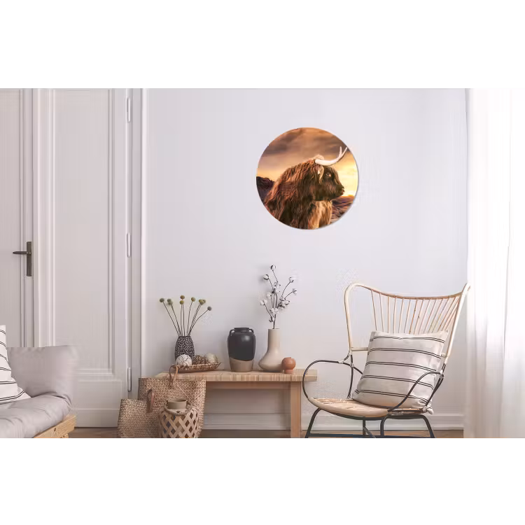 Schotse hooglander - Zon - Horizon - Koe - Dieren Wandcirkel aluminium klein -woonkamer