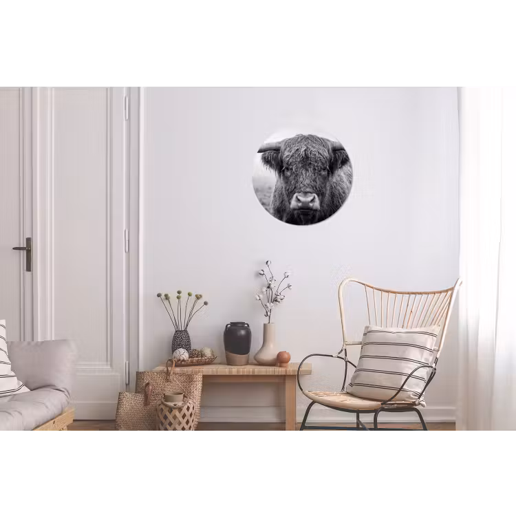 Schotse hooglander - Zwart - Wit - Gras Wandcirkel aluminium klein -woonkamer