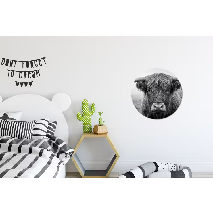 Schotse hooglander - Zwart - Wit - Gras Wandcirkel aluminium klein -kinderkamer