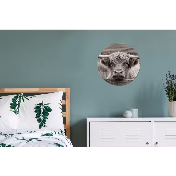 Schotse hooglander - Zwart - Wit - Hout Wandcirkel aluminium klein -slaapkamer