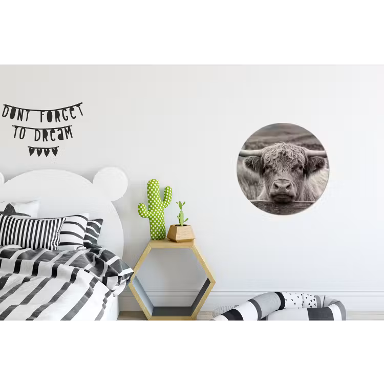Schotse hooglander - Zwart - Wit - Hout Wandcirkel aluminium klein -kinderkamer