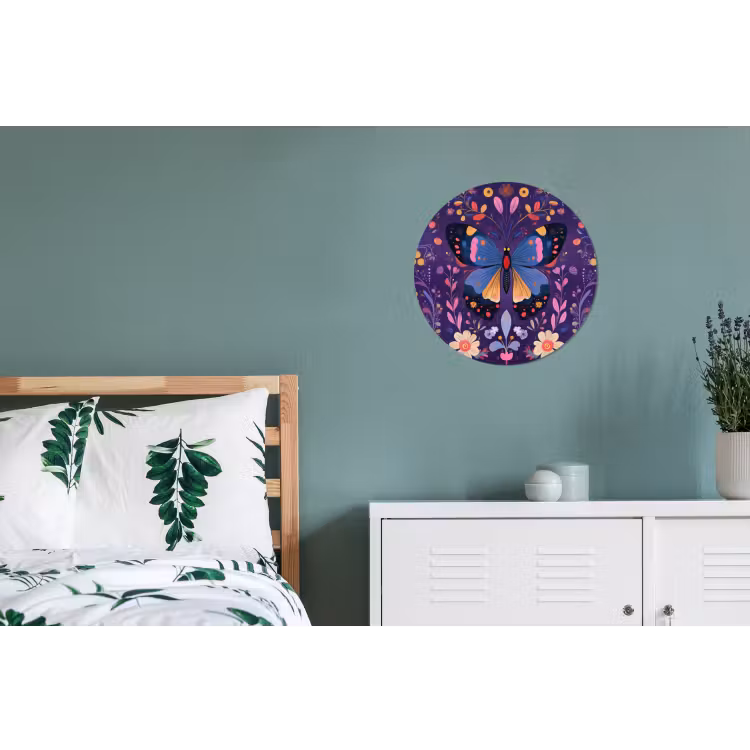 Sierlijk - Bloemen - Vlinder - Paars Wandcirkel aluminium klein -slaapkamer