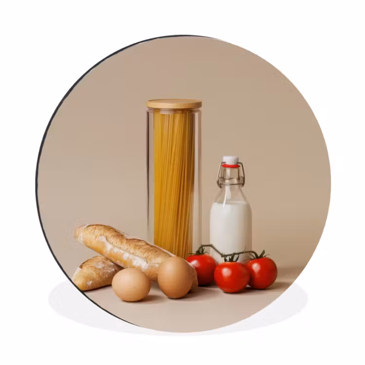 Spaghetti - Melk - Tomaten - Eieren - Brood Wandcirkel aluminium klein -3d