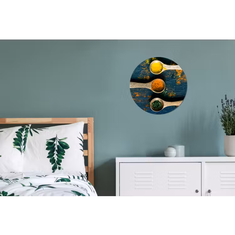 Specerijen - Lepel - Kruiden - Bruin - Geel - Groen Wandcirkel aluminium klein -slaapkamer