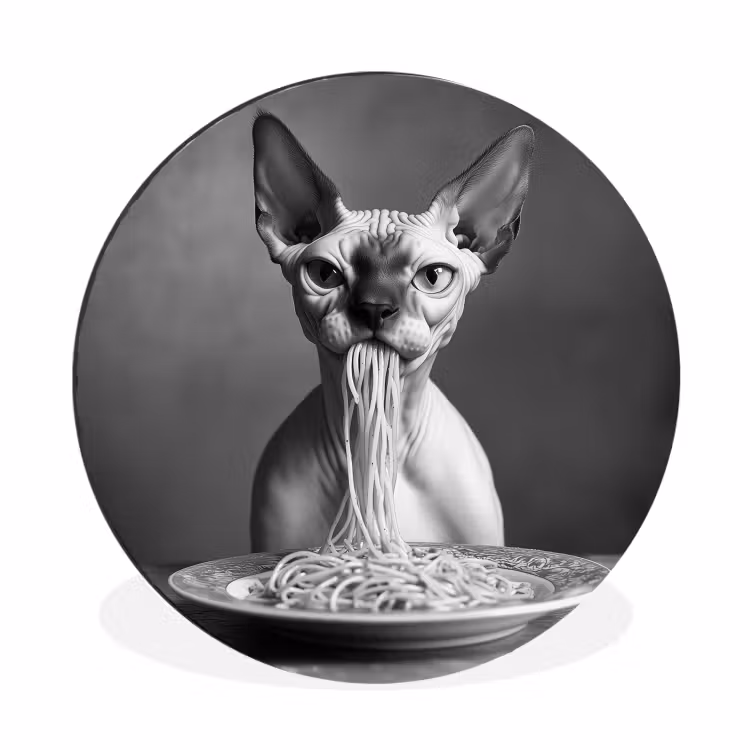 Sphynx - Kat - Dieren - Humor - Spaghetti - Zwart Wit Wandcirkel aluminium klein -3d