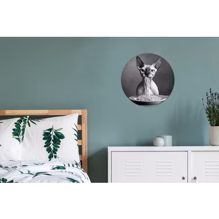 Sphynx - Kat - Dieren - Humor - Spaghetti - Zwart Wit Wandcirkel aluminium klein -slaapkamer