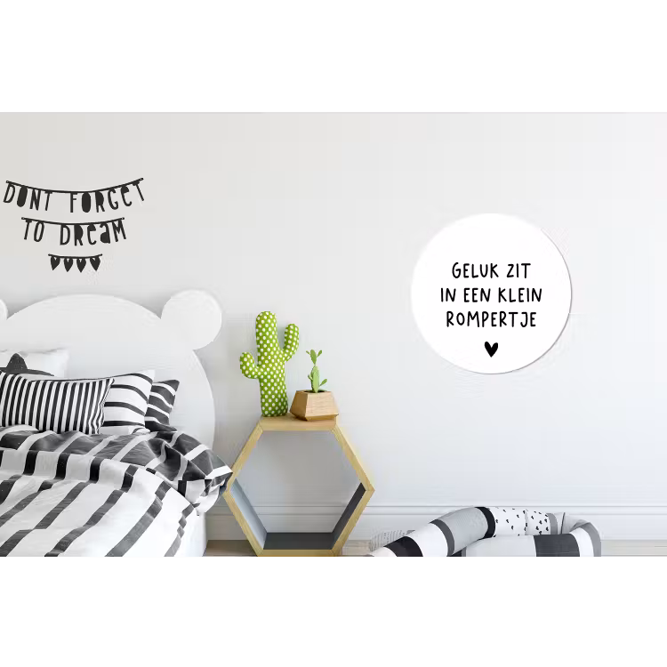 Spreuken - Quotes - Geluk zit in een klein rompertje Wandcirkel aluminium klein -kinderkamer