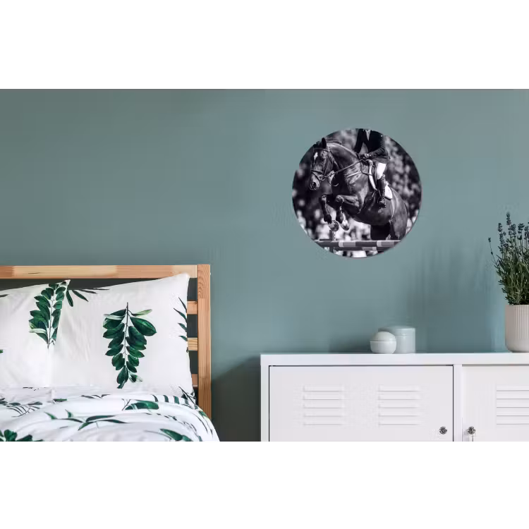 Springen - Paard - Zwart - Wit Wandcirkel aluminium klein -slaapkamer