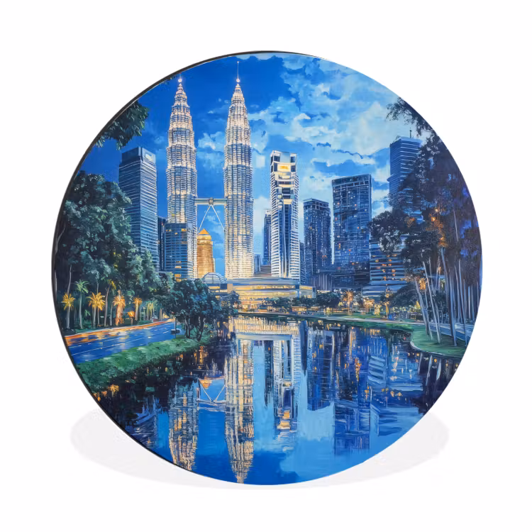 Stad Kuala Lumpur - Skyline - Wolkenkrabbers - Water Wandcirkel aluminium klein -3d