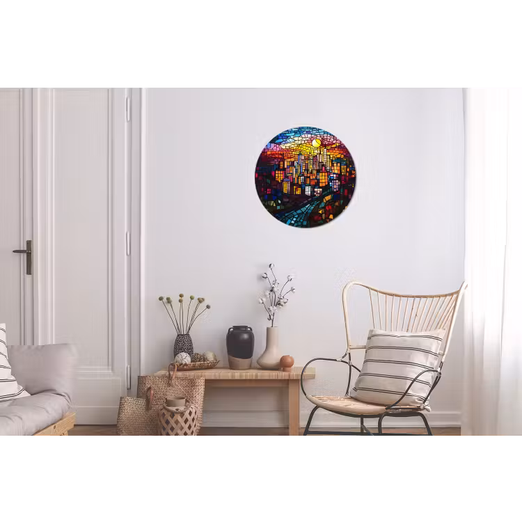 Stad - Maan - Mozaïek - Kleurrijk Wandcirkel aluminium klein -woonkamer