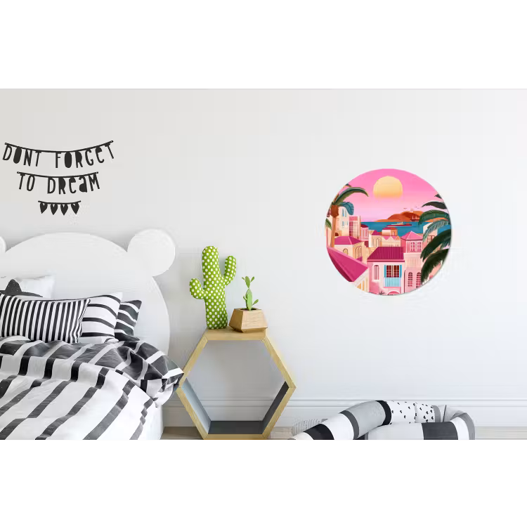 Stad - Roze - Palmbomen Wandcirkel aluminium klein -kinderkamer