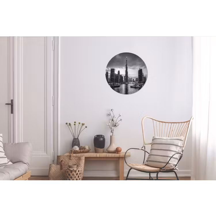 Stad - Skyline - Architectuur - Avond - Zwart-wit Wandcirkel aluminium klein -woonkamer
