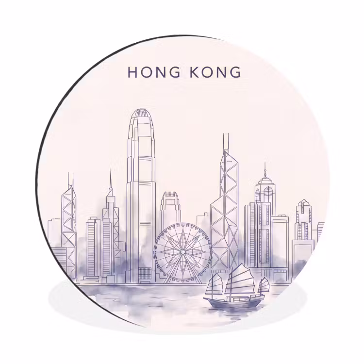 Stad - Skyline - Water - Lijntekening - Blauw Wandcirkel aluminium klein -3d