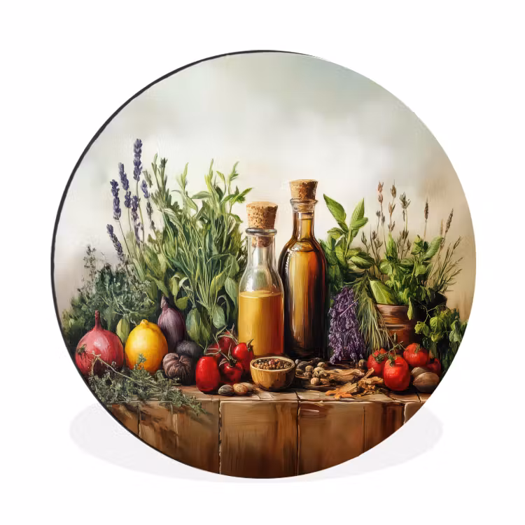 Stilleven - Kruiden - Specerijen - Fruit - Kleurrijk Wandcirkel aluminium klein -3d