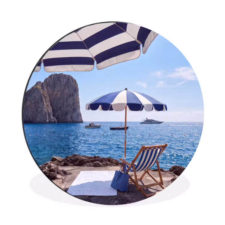 Strand - Ligstoel - Parasol - Zomer - Blauw Wandcirkel aluminium klein -3d