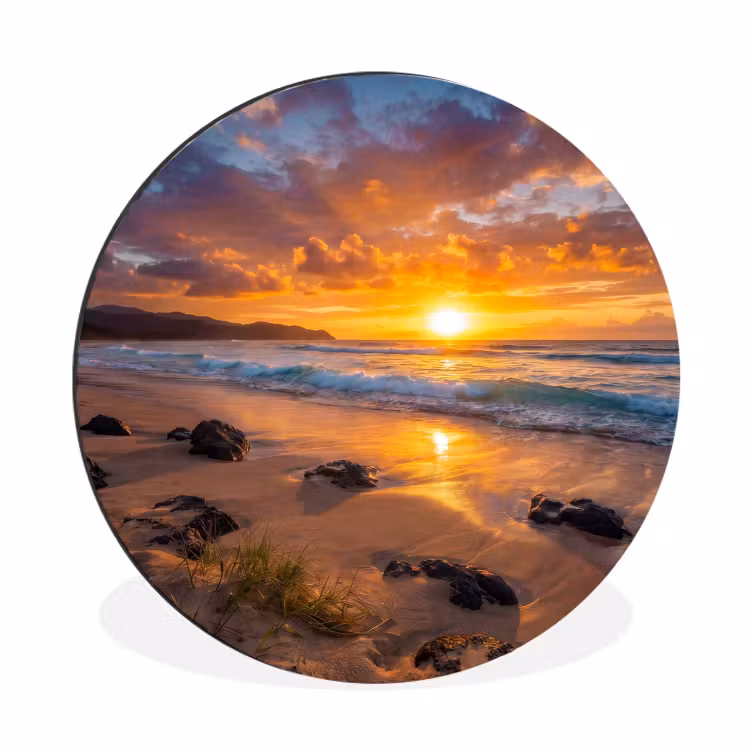 Strand - Zonsondergang - Golven - Natuur - Oranje Wandcirkel aluminium klein -3d