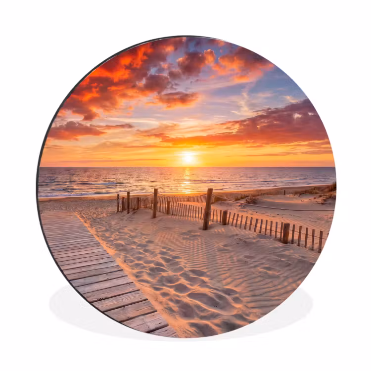 Strand - Zonsondergang - Zee - Natuur - Oranje Wandcirkel aluminium klein -3d