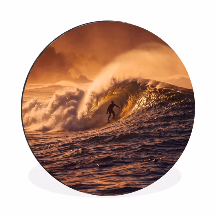 Surfer - Golf - Oceaan - Sport - Oranje Wandcirkel aluminium klein -3d