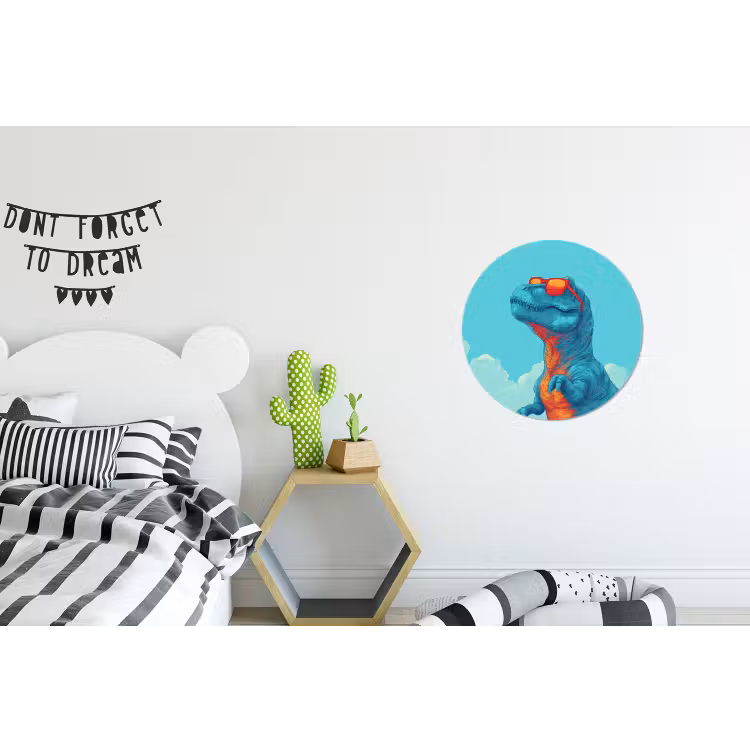T-Rex - Blauw - Wolken - Zonnebril Wandcirkel aluminium klein -kinderkamer