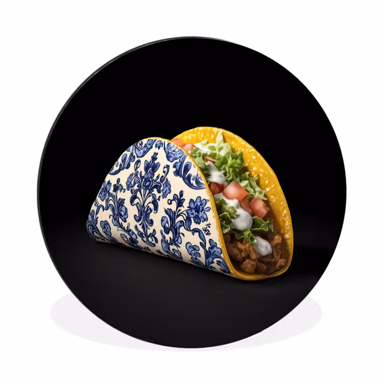 Taco - Vlees - Salade - Delftsblauw - Motief Wandcirkel aluminium klein -3d