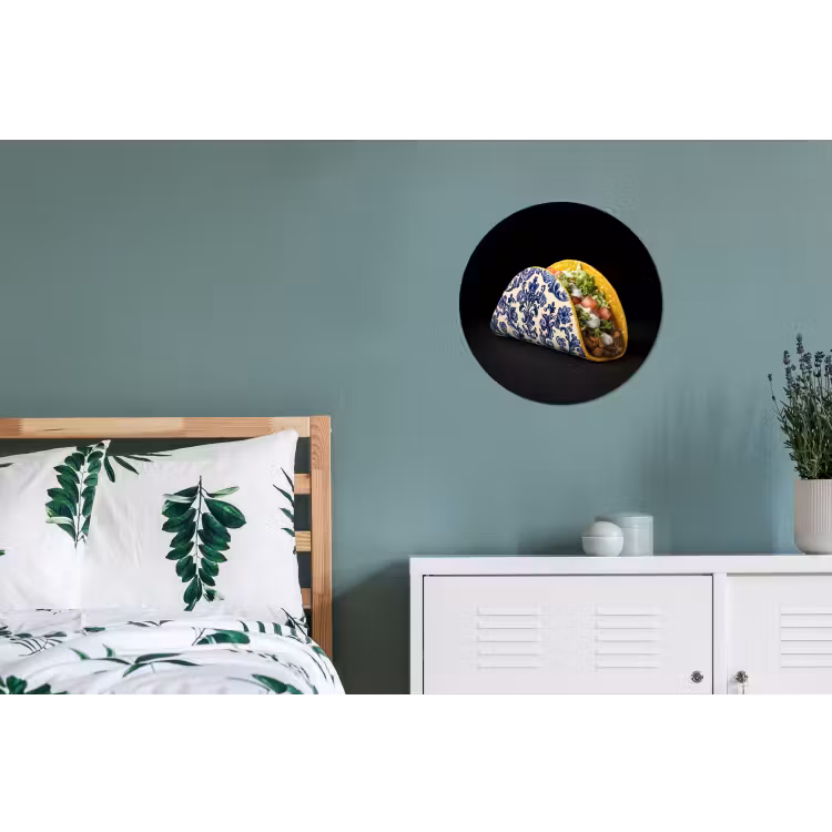 Taco - Vlees - Salade - Delftsblauw - Motief Wandcirkel aluminium klein -slaapkamer