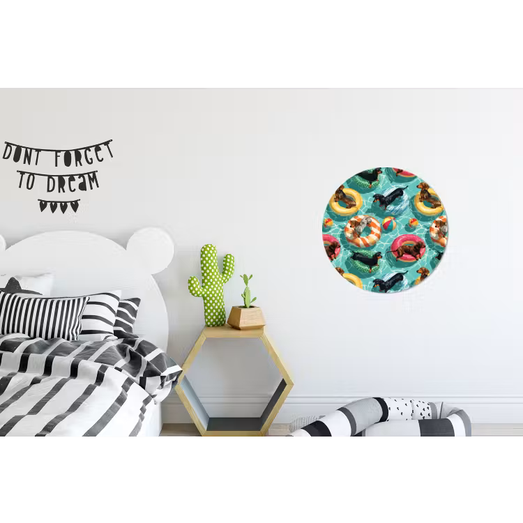 Teckels - Zwembad - Kleurrijk Wandcirkel aluminium klein 190 -kinderkamer