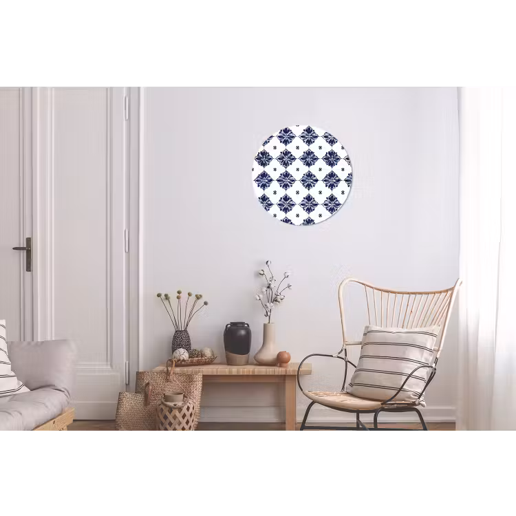 Tegelmotief - Blauw - Wit - Bloem Wandcirkel aluminium klein 190 -woonkamer