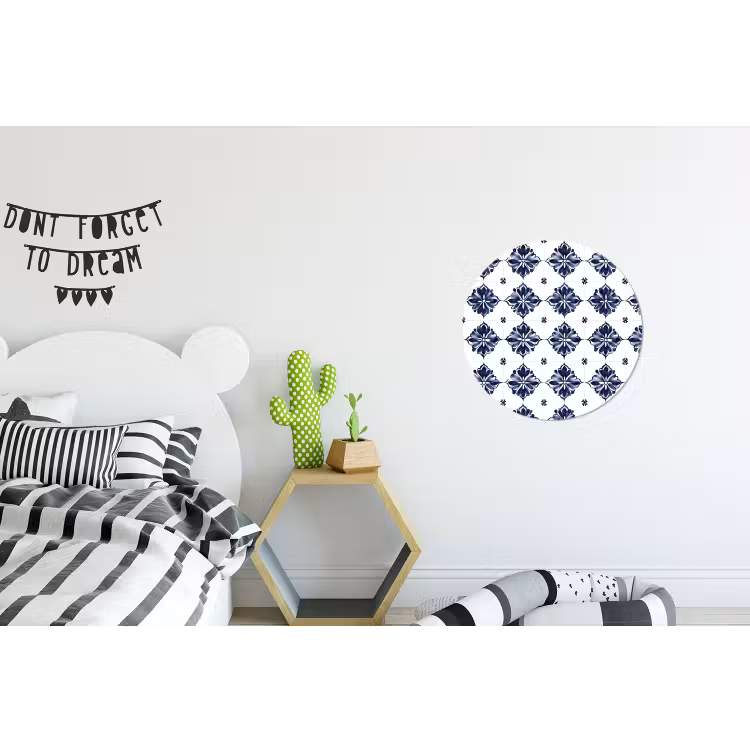 Tegelmotief - Blauw - Wit - Bloem Wandcirkel aluminium klein 190 -kinderkamer