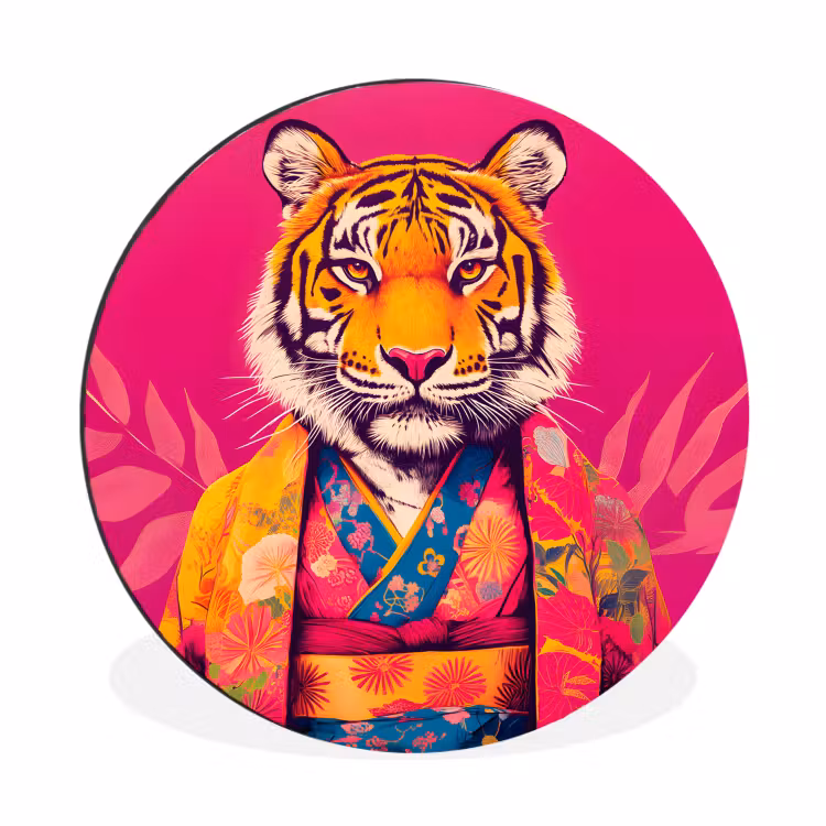 Tijger - Kimono - Planten - Roze Wandcirkel aluminium klein -3d