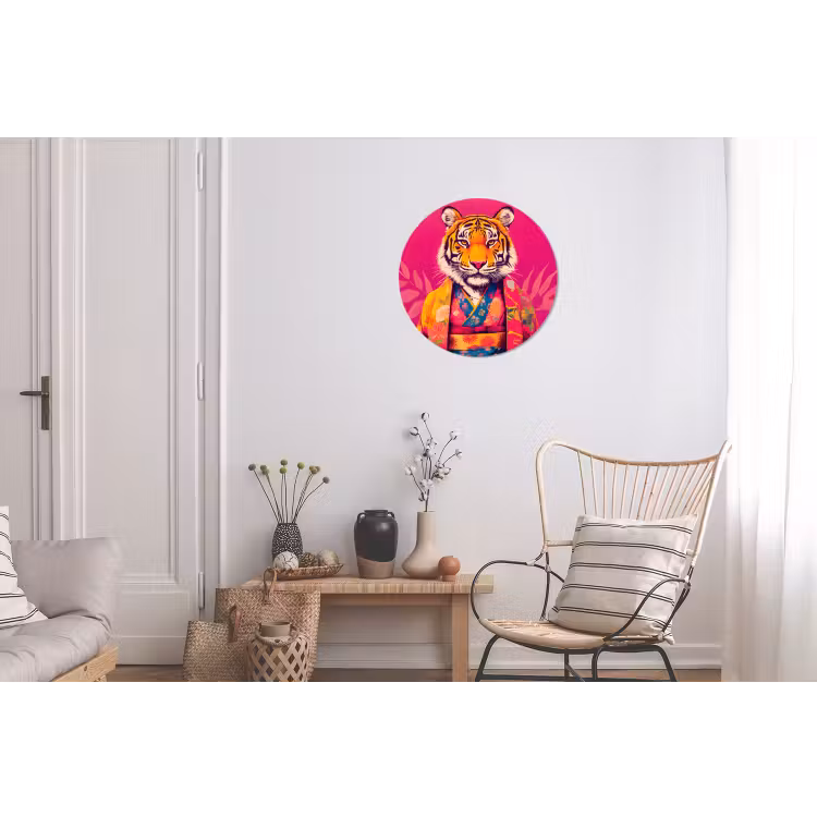 Tijger - Kimono - Planten - Roze Wandcirkel aluminium klein -woonkamer