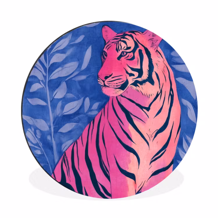 Tijger - Roze - Bladeren - Jungle Wandcirkel aluminium klein -3d