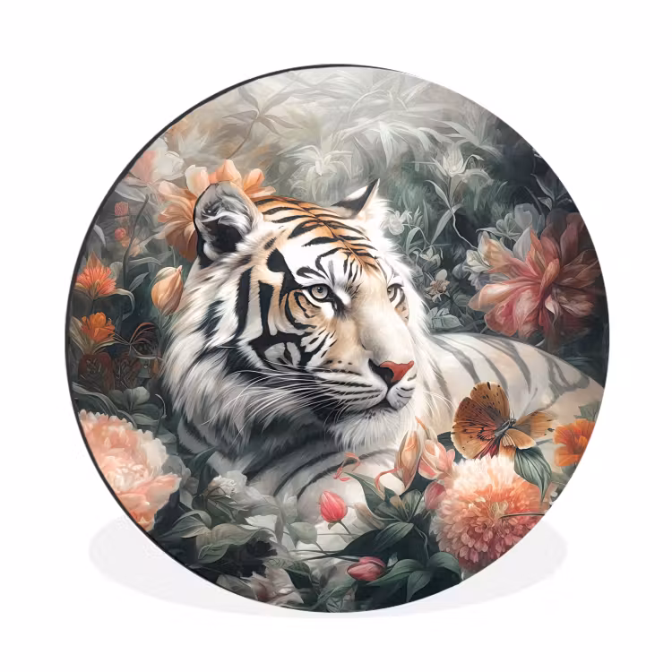 Tijger - Wilde dieren - Bloemen - Jungle Wandcirkel aluminium klein -3d
