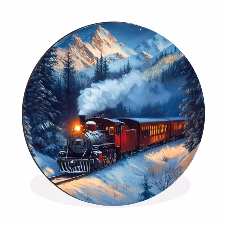 Trein - Kerst - Sneeuw - Kersttrein Wandcirkel aluminium klein -3d