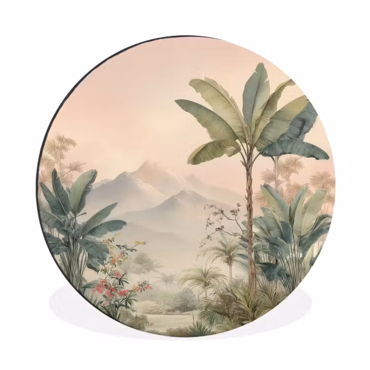Tropisch landschap - palmbomen - Bloemen - Roze lucht Wandcirkel aluminium klein -3d