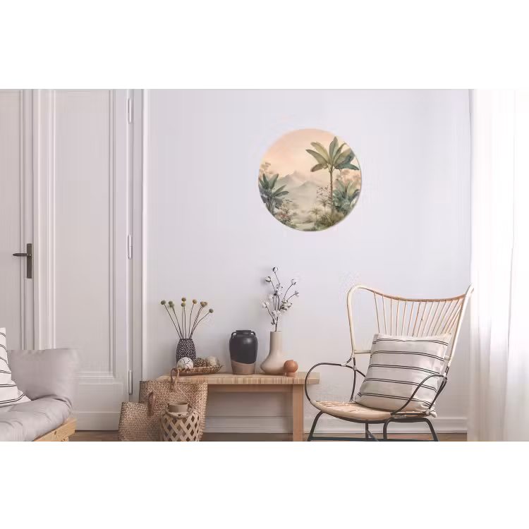 Tropisch landschap - palmbomen - Bloemen - Roze lucht Wandcirkel aluminium klein -woonkamer